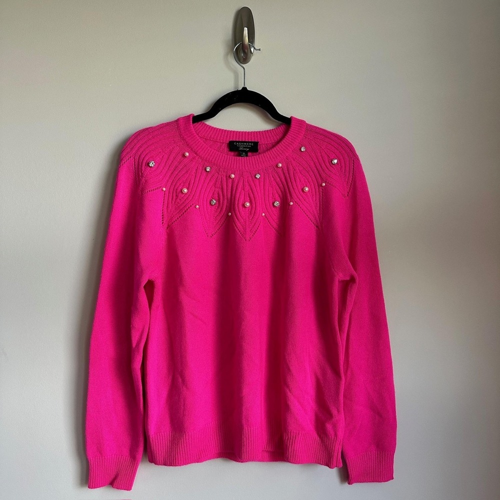 Charter Club Cashmere Sweater Womens Medium Hot‎ Pink Pearl Embellished NWT - Picture 2 of 11